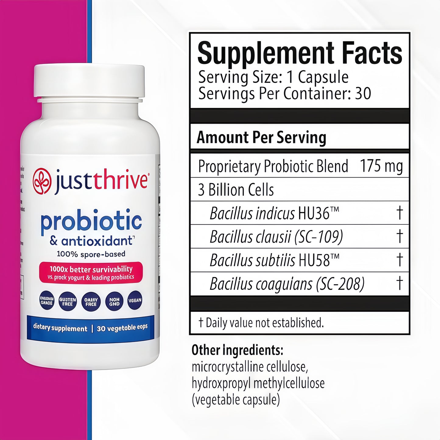 Just Thrive Probiotic & Antioxidant Supplement - 100% Spore-Based Digestive and Immune Support - Gluten Free